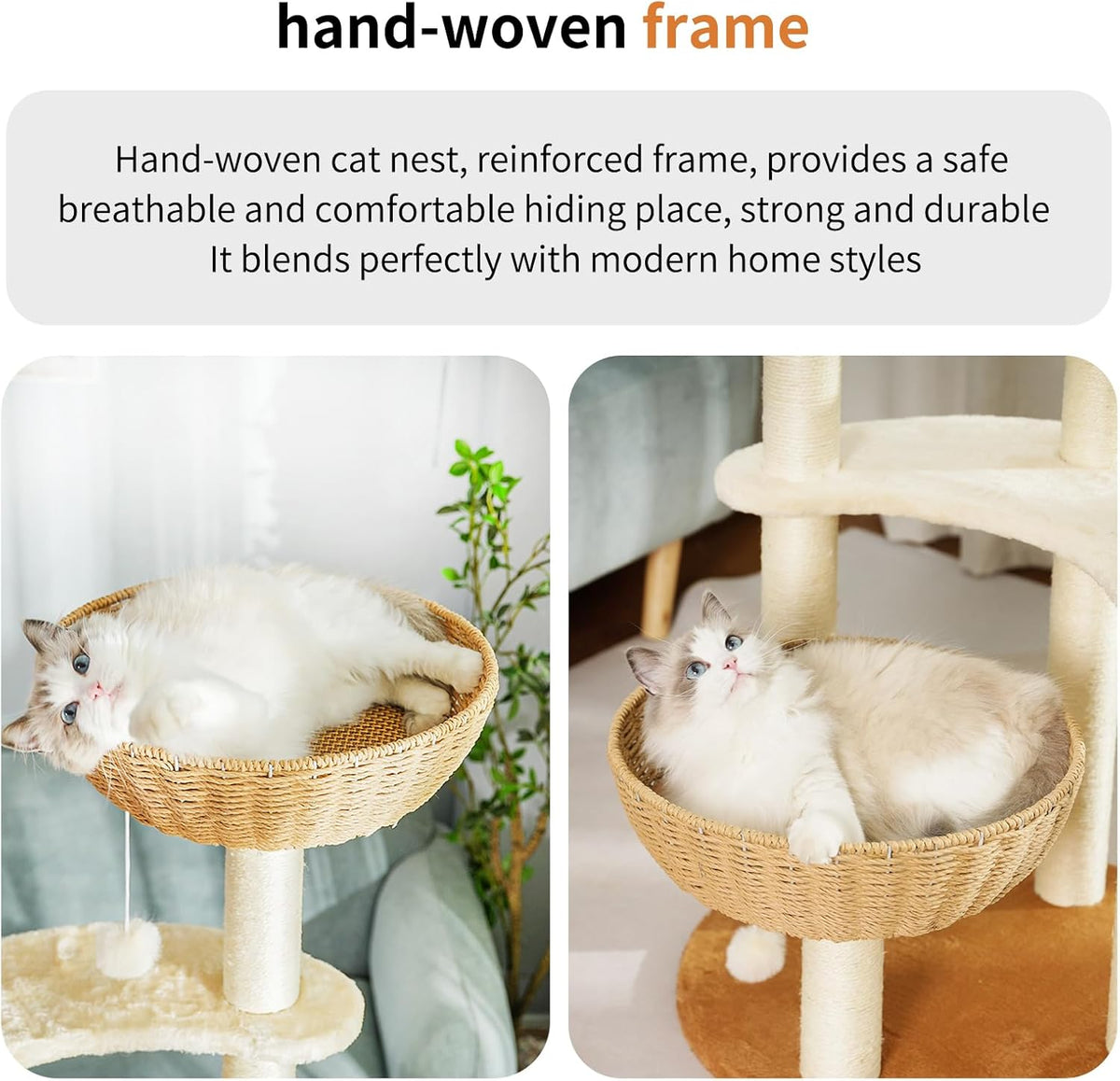 Modern Cat Tree Tower,Hand-Woven Ma Teng cat nest, Sisal-Covered Scratching Posts for Indoor Cats
