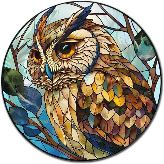 Lygond Metal Sign Tin Sign Circular Stained Glass Owl Bathroom Signs for Home for Garden 12×12
