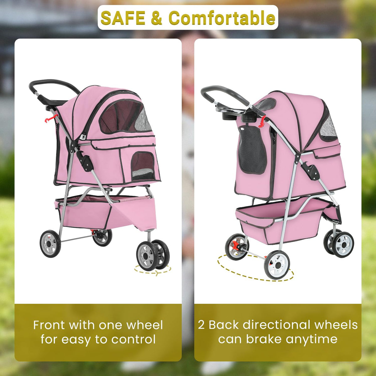 3-Wheels Pet Strolling Cart for Small Medium Dogs and Cats with Storage Basket,Holder, Foldable Pet