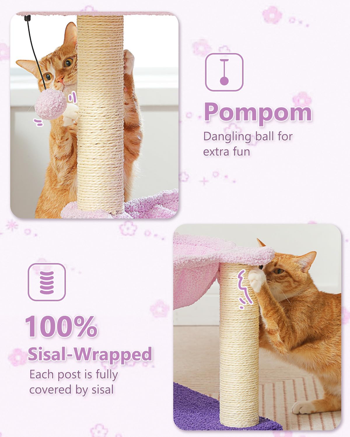 Flower Cat Scratching Post, 28" Cute Cat Tree Tower for Indoor Cats with Large Hammock Soft Perch