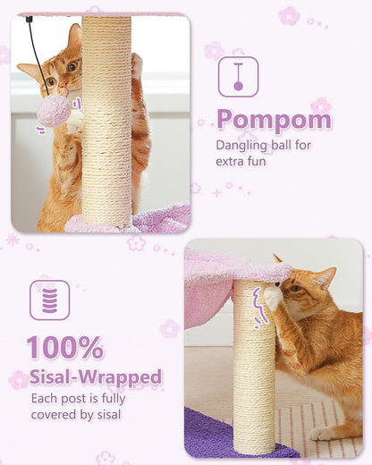 Flower Cat Scratching Post, 28" Cute Cat Tree Tower for Indoor Cats with Large Hammock Soft Perch