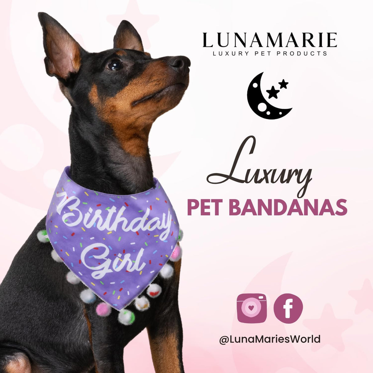 LunaMarie - Luxury Pet Birthday Bandanas -Premium & Silky Poly Fabric | 100% Handmade | Custom