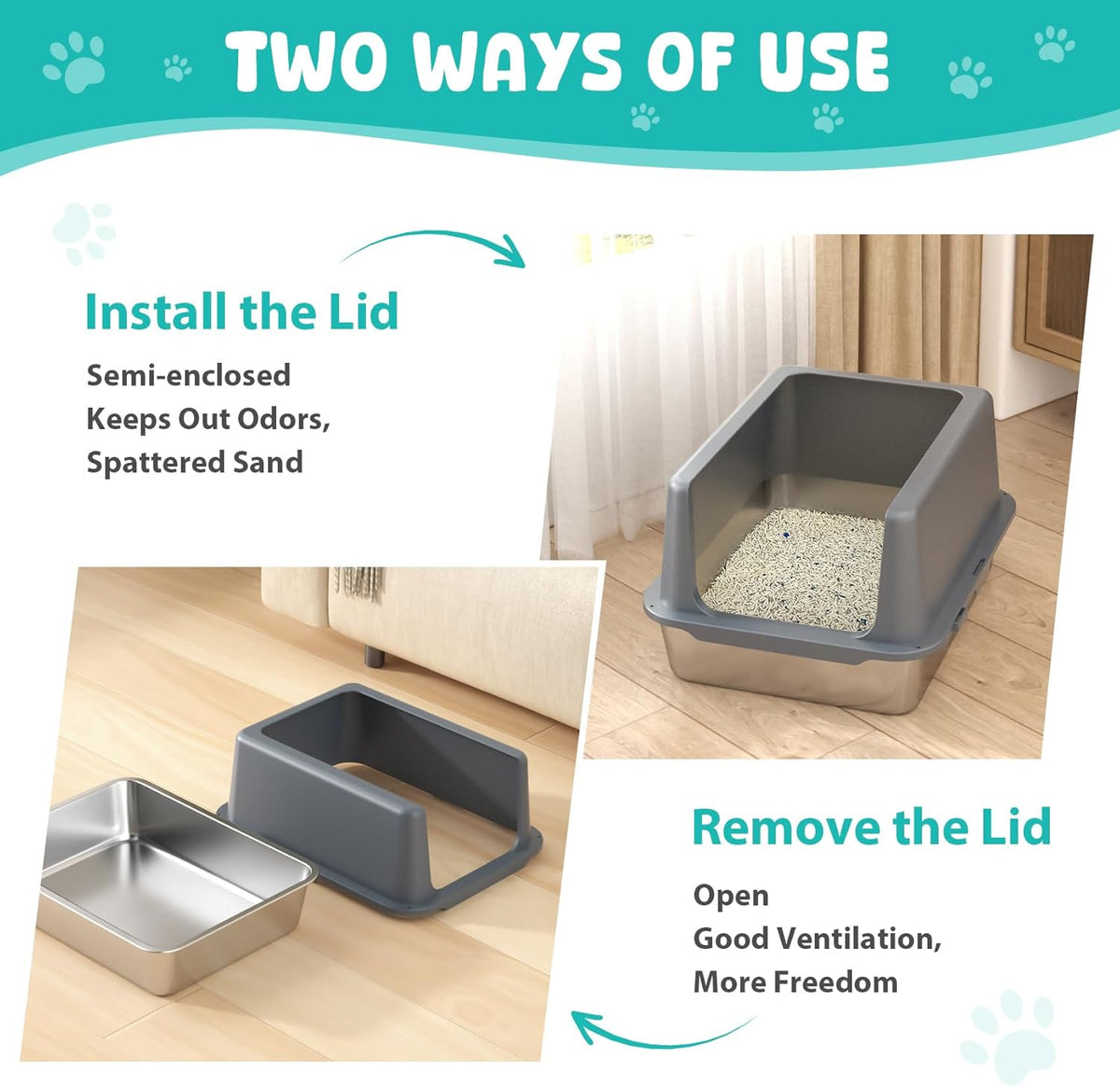 Litter Box with Lid, Stainless Steel Litter Box, 10" Metal Litter Tray High Sides, Small Litter Pan