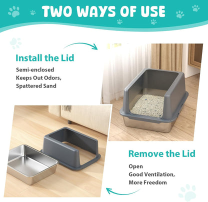 Litter Box with Lid, Stainless Steel Litter Box, 10" Metal Litter Tray High Sides, Small Litter Pan