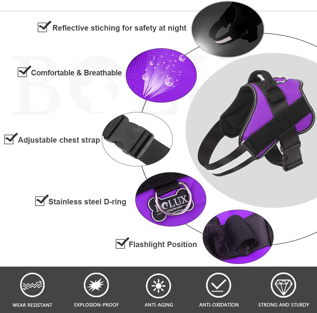 Bolux Dog Harness, No-Pull Reflective Dog Vest, Breathable Adjustable Pet Harness with Handle for