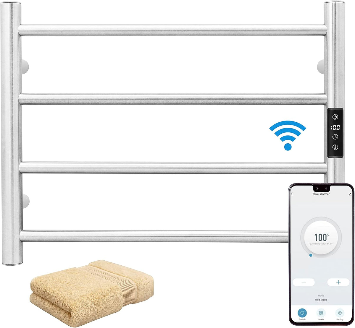 KEG Smart WiFi Towel Warmer Wall Mounted with Built-in Timer and Temperature Adjust Control, 4 Bars