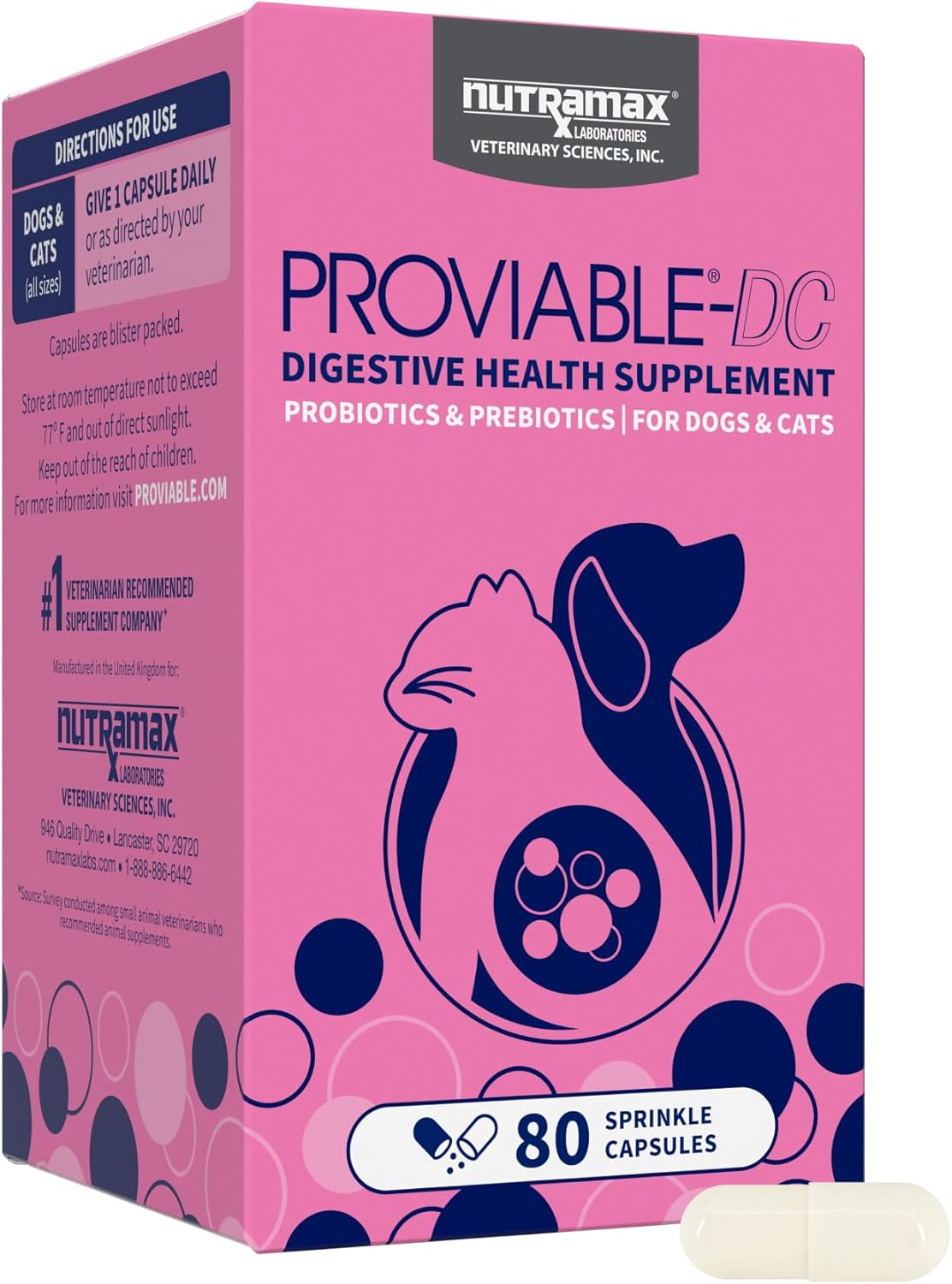 Nutramax Proviable Probiotics for Dogs and Cats, Daily Digestive Health Supplement with Multiple