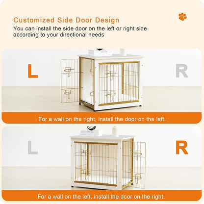 DWANTON Dog Crate Furniture with Cushion, Wooden Kennel Table with Double Doors, Indoor Dog House