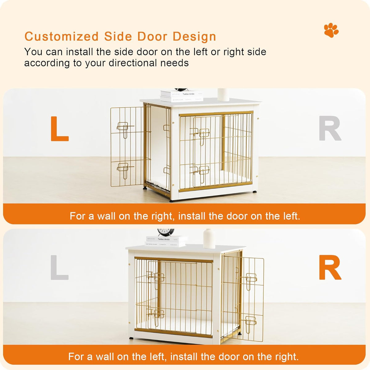 DWANTON Dog Crate Furniture with Cushion, Wooden Kennel Table with Double Doors, Indoor Dog House