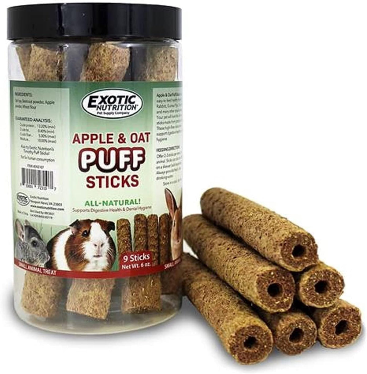 Apple & Oat Puff Sticks (6 oz.) - Healthy Natural High Fiber Chew Treat Made with Oat Hay