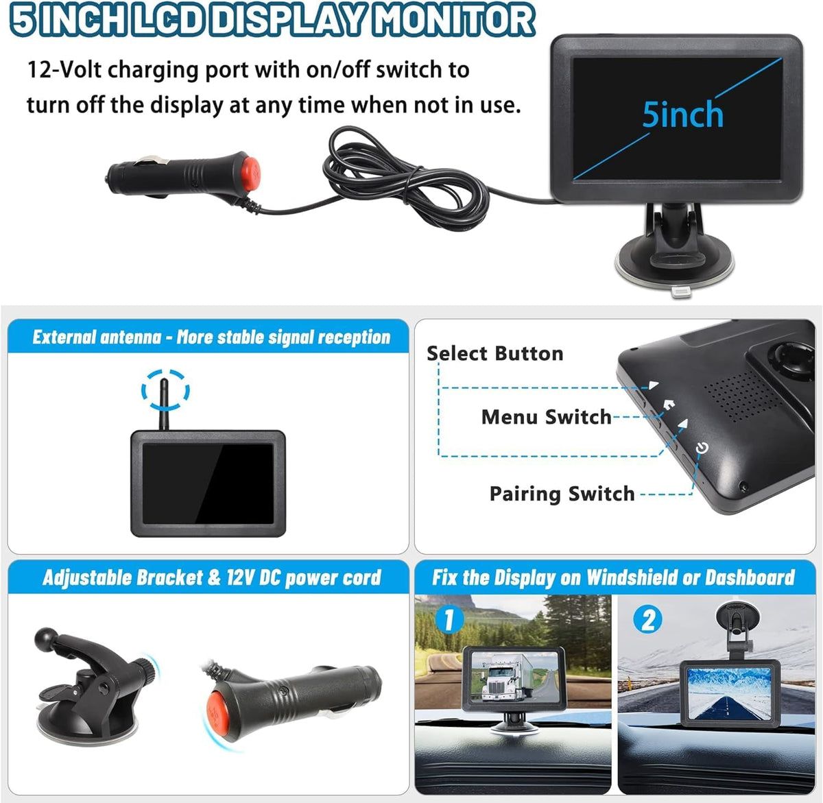EWAY 2 Magnetic Wireless Backup Cameras HD1080P w/ 5" Split Screen Monitor Portable No Wiring