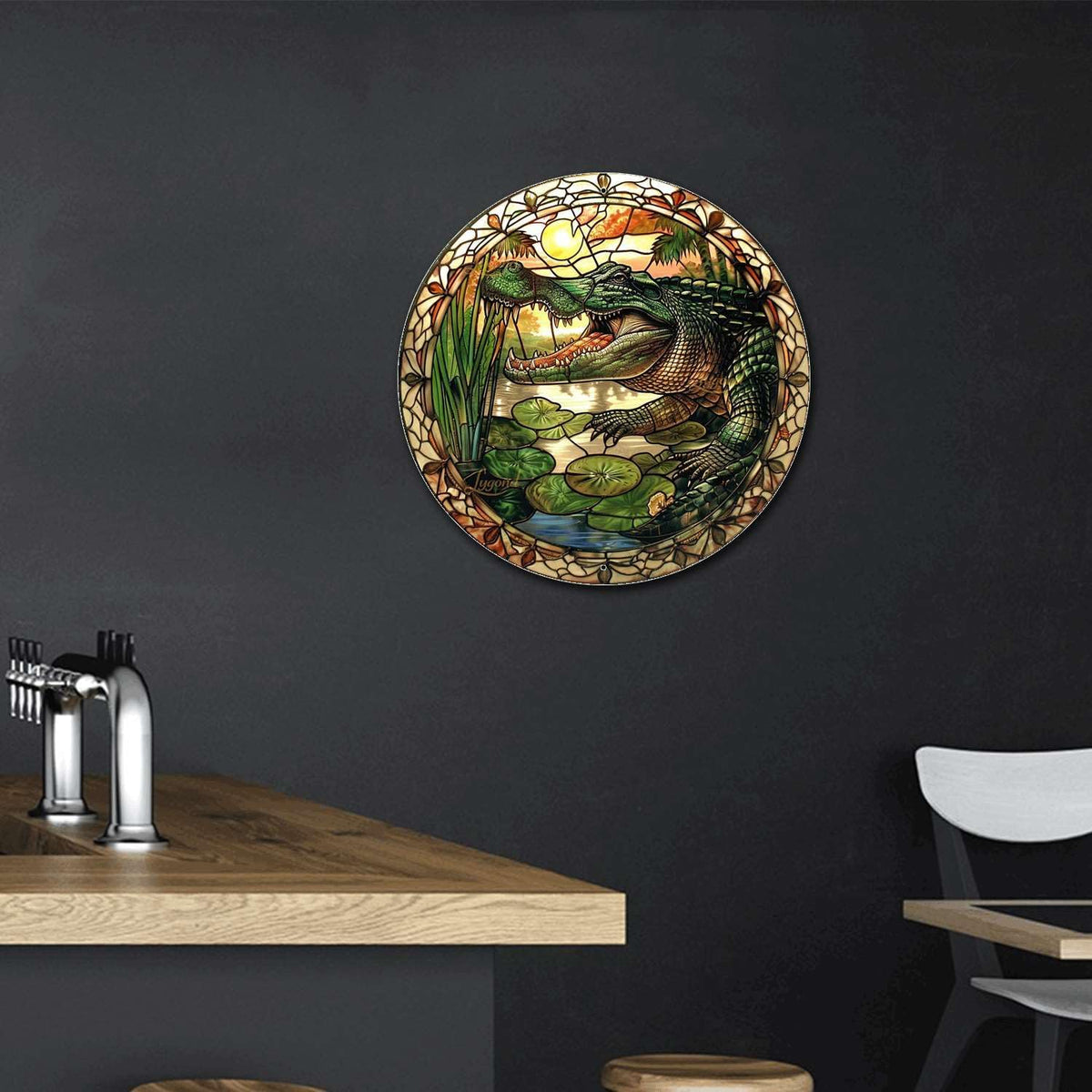 Lygond Metal Sign Tin Sign Circular Stained Glass Alligator Minimalist Wall Art for Home Decor