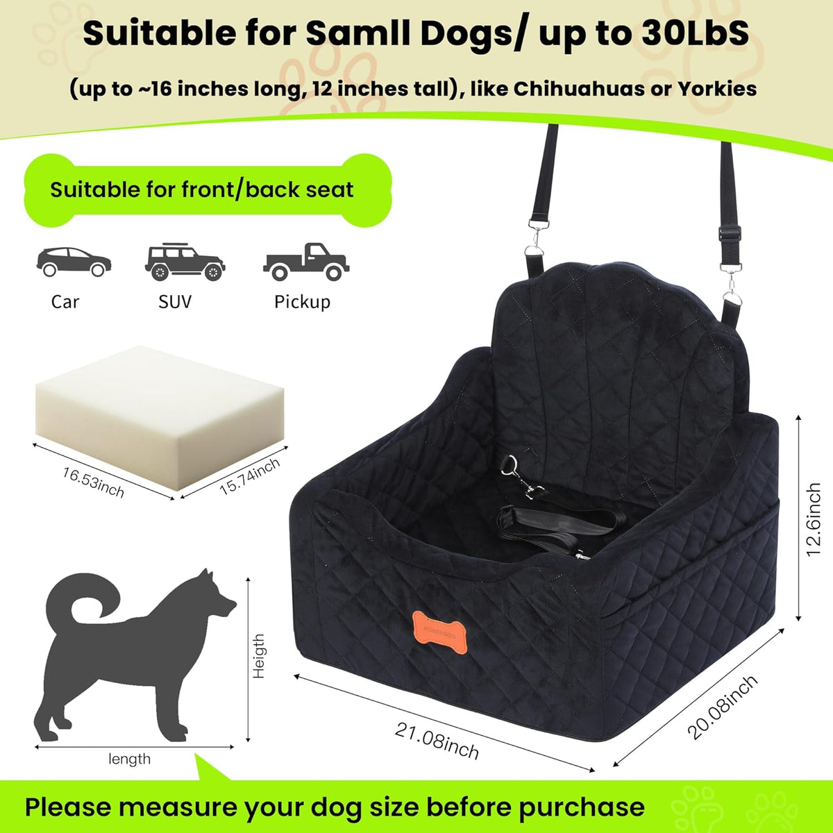 Dog Car Seat for Small Dogs Under 30lbs, Detachable Washable Pet Booster Seat with Safety Belt &