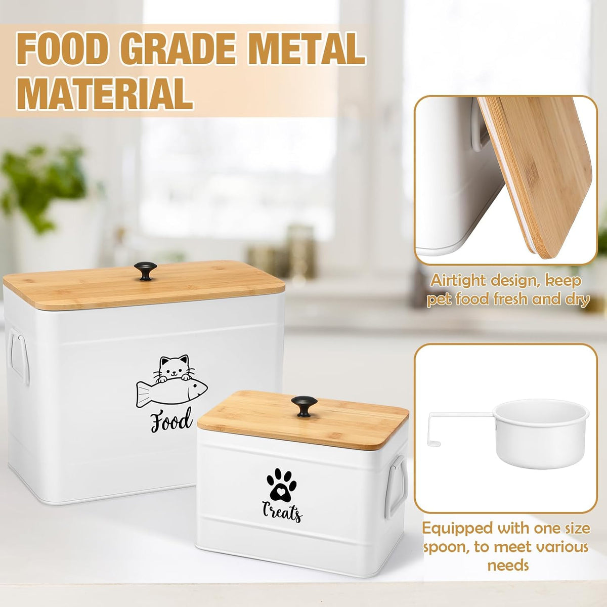 Extra Large Metal Cat Food Containers Airtight 12+3.5 lbs Cat Treat Snack Jars Set of 2 with Bamboo