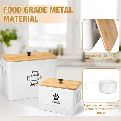 Extra Large Metal Cat Food Containers Airtight 12+3.5 lbs Cat Treat Snack Jars Set of 2 with Bamboo