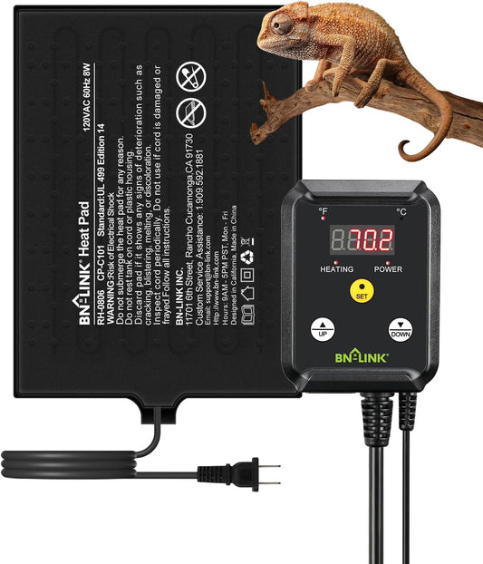 BN-LINK Durable Reptile Heating Pad 6" X 8" with Digital Thermostat Under Tank Heater Terrarium