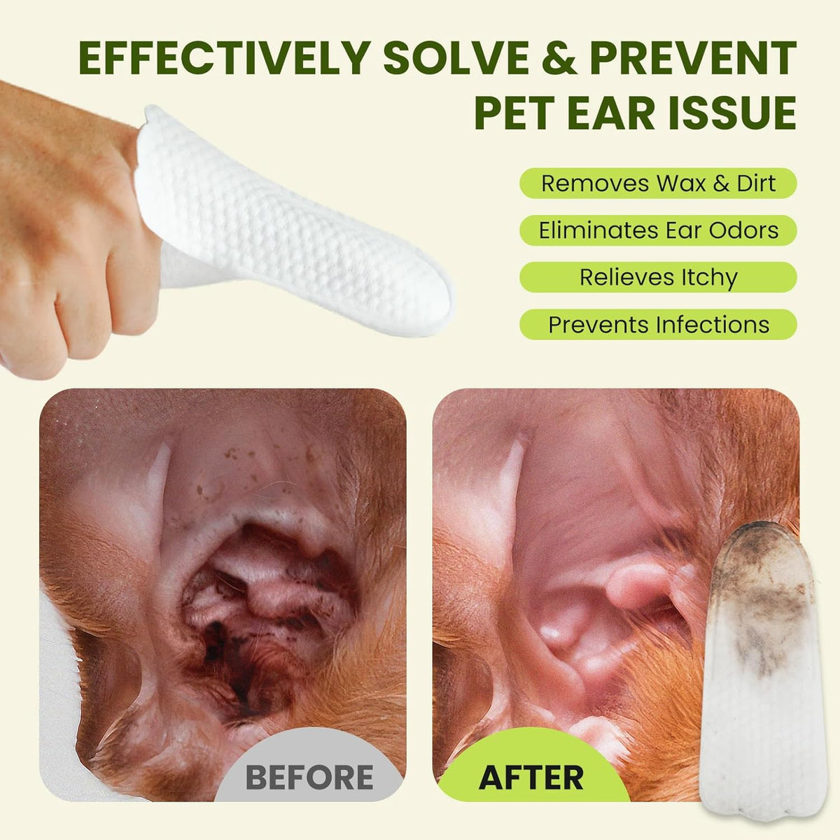 Dog Ear Finger Wipes for Dogs & Cats, Thicker Dog Ear Cat Ear Cleaner Wipes, Natural Relief Dog Ear