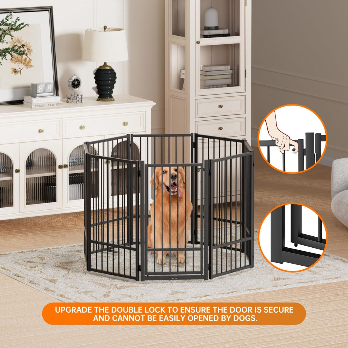 Full Metal Freestanding Dog Gate with Door, 36''Height Foldable Pet Dog Fence for Indoor & Outdoor