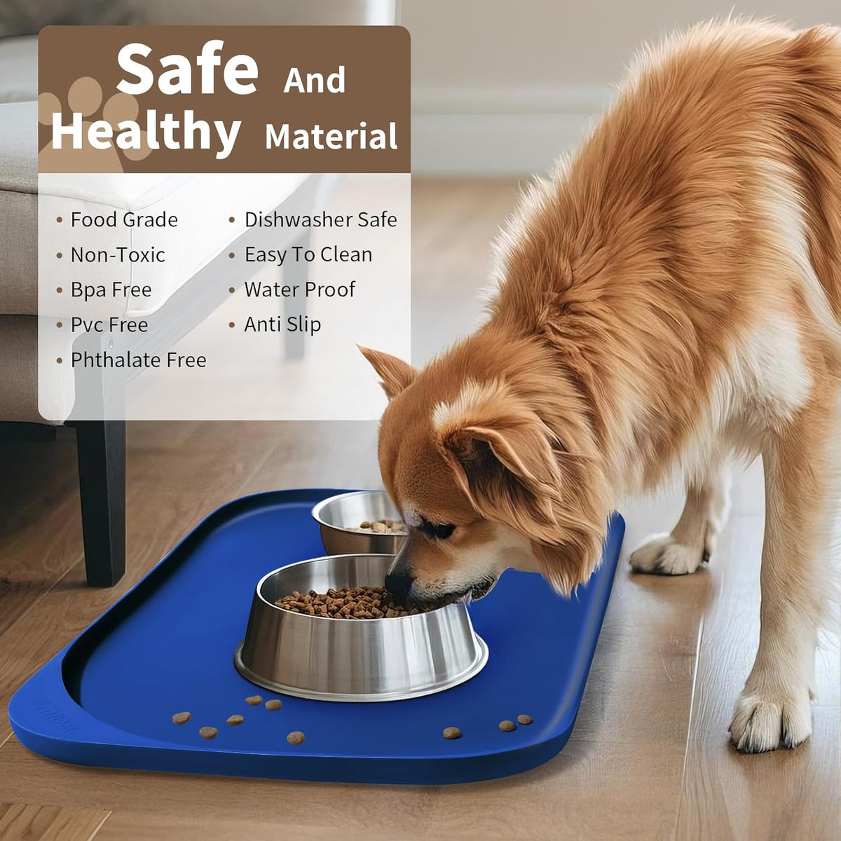 Silicone Pet Feeding Mat with Raised Edge & Residue Collection Pocket for Food and Water, Dog Bowl