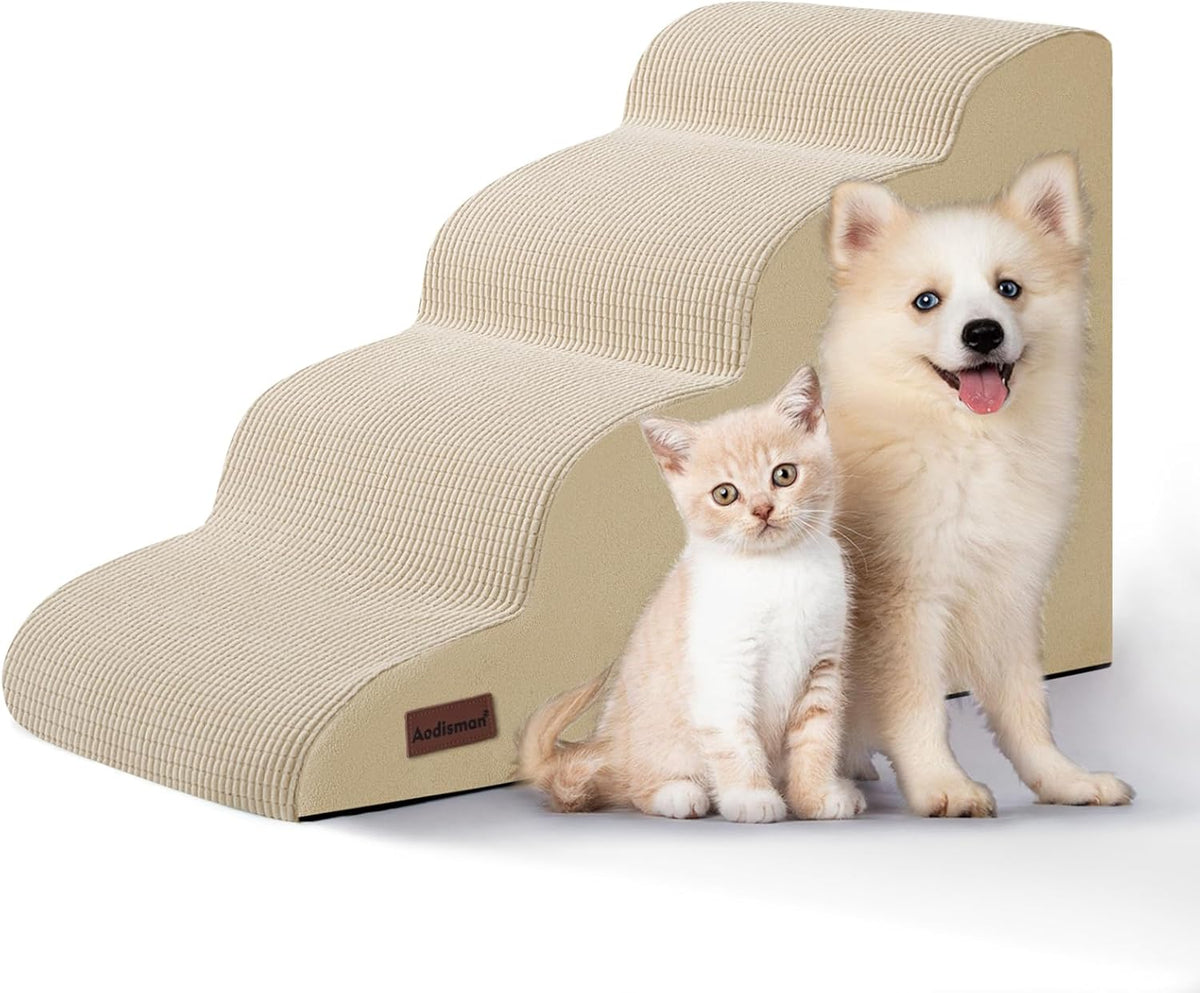 4-Step Dog Stairs and Ramp for Beds or Couches,Non-Slip Sturdy Pet Steps for Small Dogs and