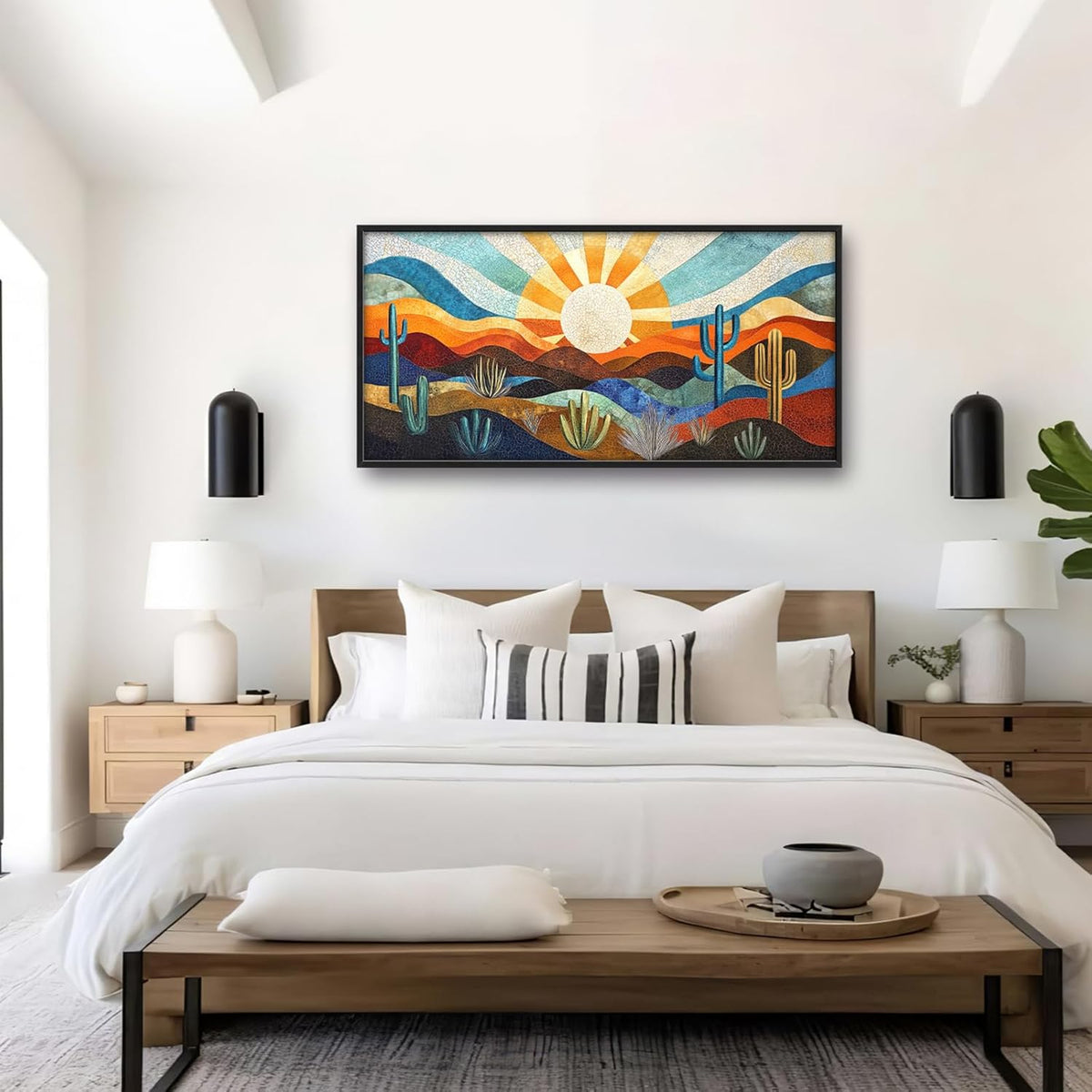 Extra Large Framed Abstract Boho Desert Wall Art, Sun Cactus Landscape Wall Decor Pictures for