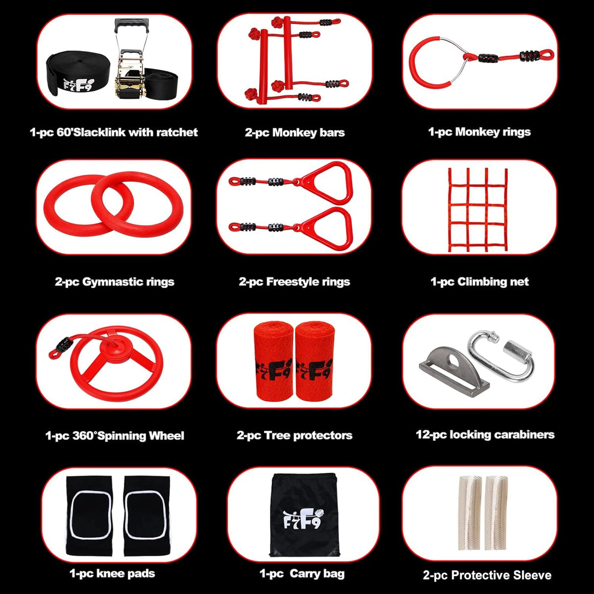 Ninja Warrior Obstacle Course for Kids Backyard with A Pair of Knee Pads, 60’ Ninja Slackline and