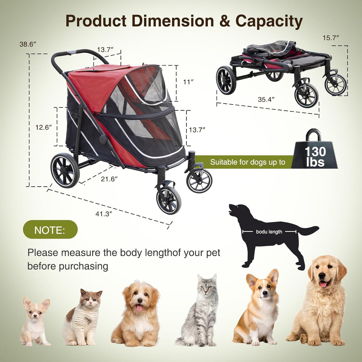 Dog Stroller for Medium/Large Dogs One-Click Folding, Extra Large Pet Stroller for 2 Dogs with