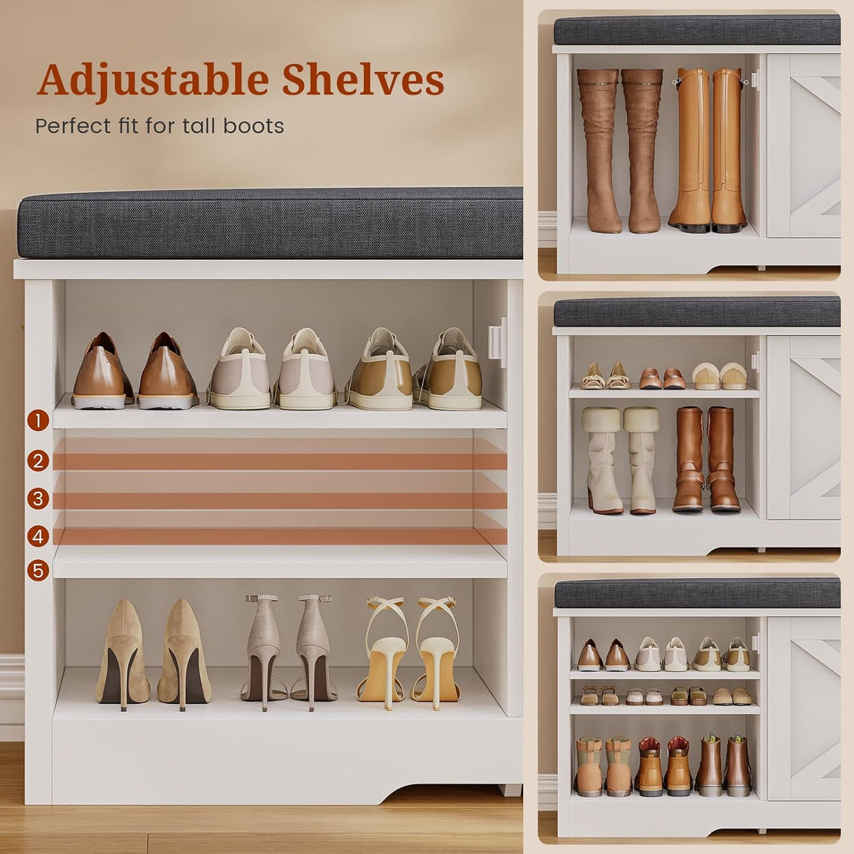 Farmhouse Storage Bench with Flip Drawers & Padded Seat Cushion, Half Hidden Shoe Rack Organizer