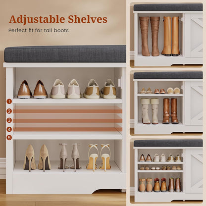 Farmhouse Storage Bench with Flip Drawers & Padded Seat Cushion, Half Hidden Shoe Rack Organizer