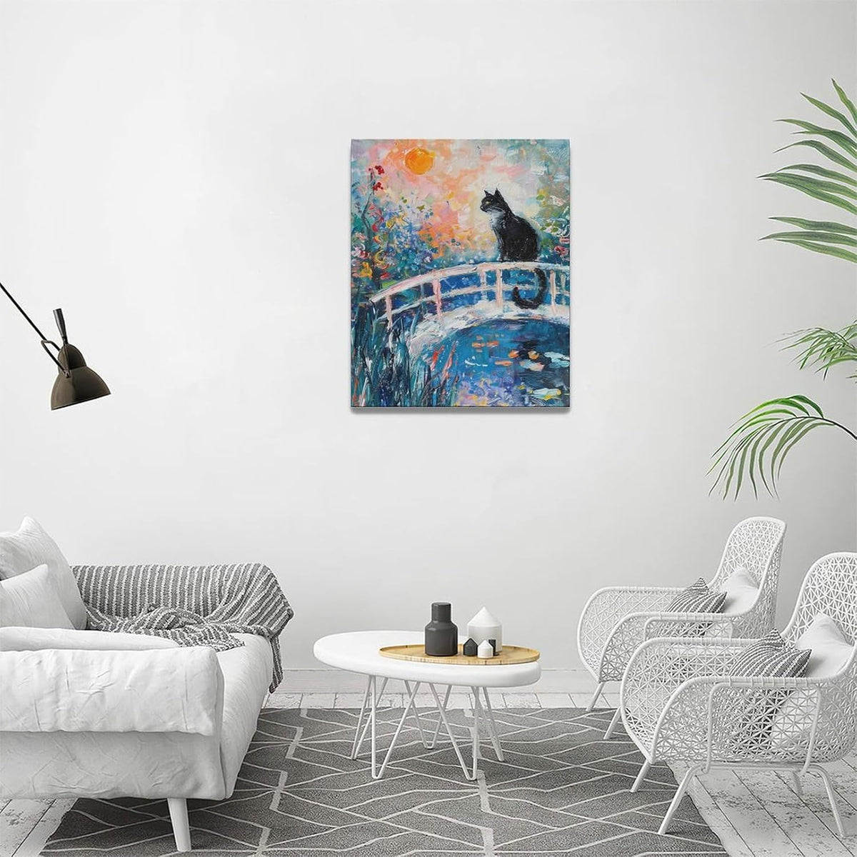 Quorin Black Cat Wall Art Water Lily Sunset Pictures Cat Wall Decor Impressionism Canvas Print