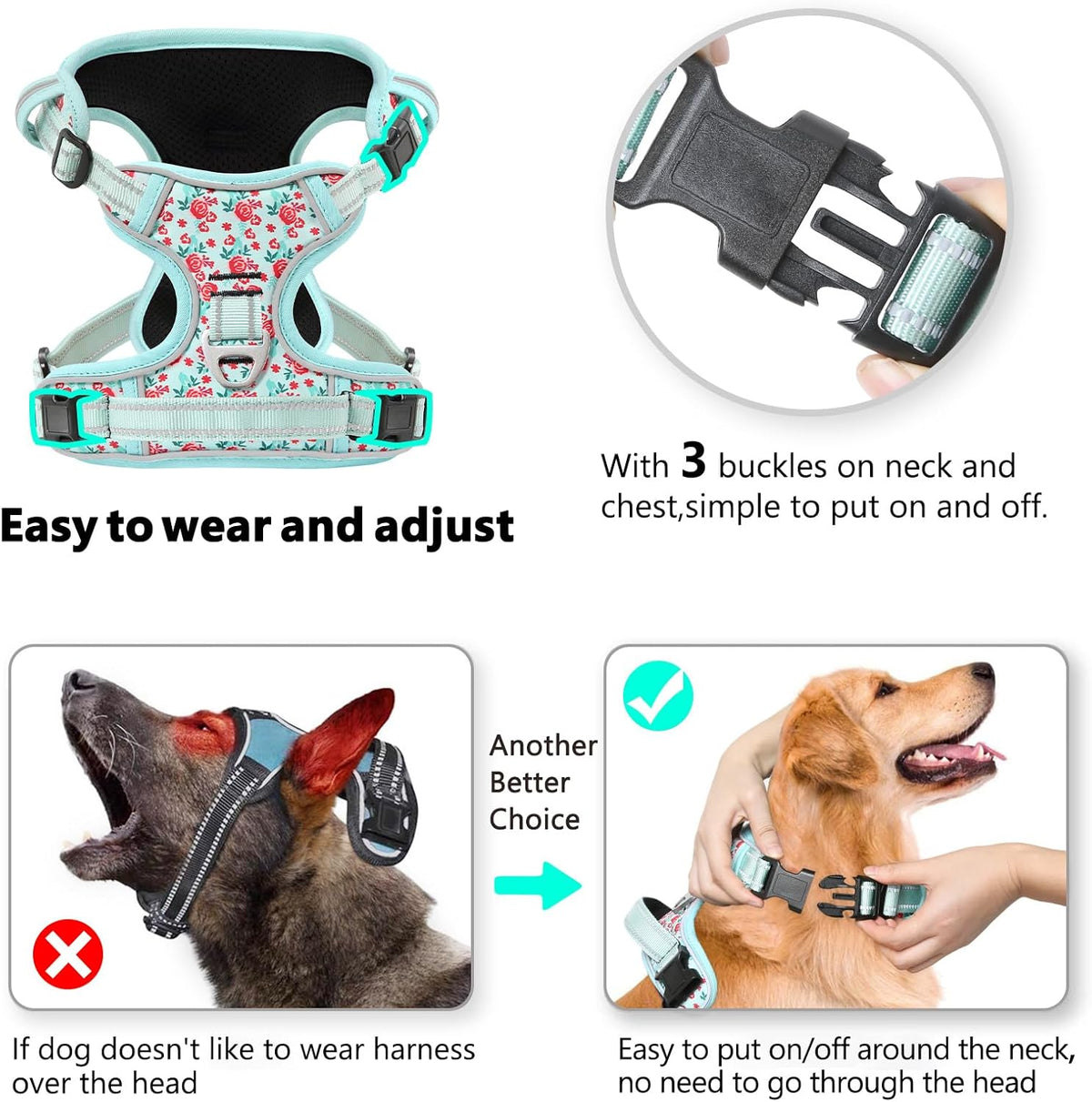 Timos Dog Harness, No-Pull Pet Harness with 2 Leash Clips, 3 Snap Buckles Adjustable Soft Padded