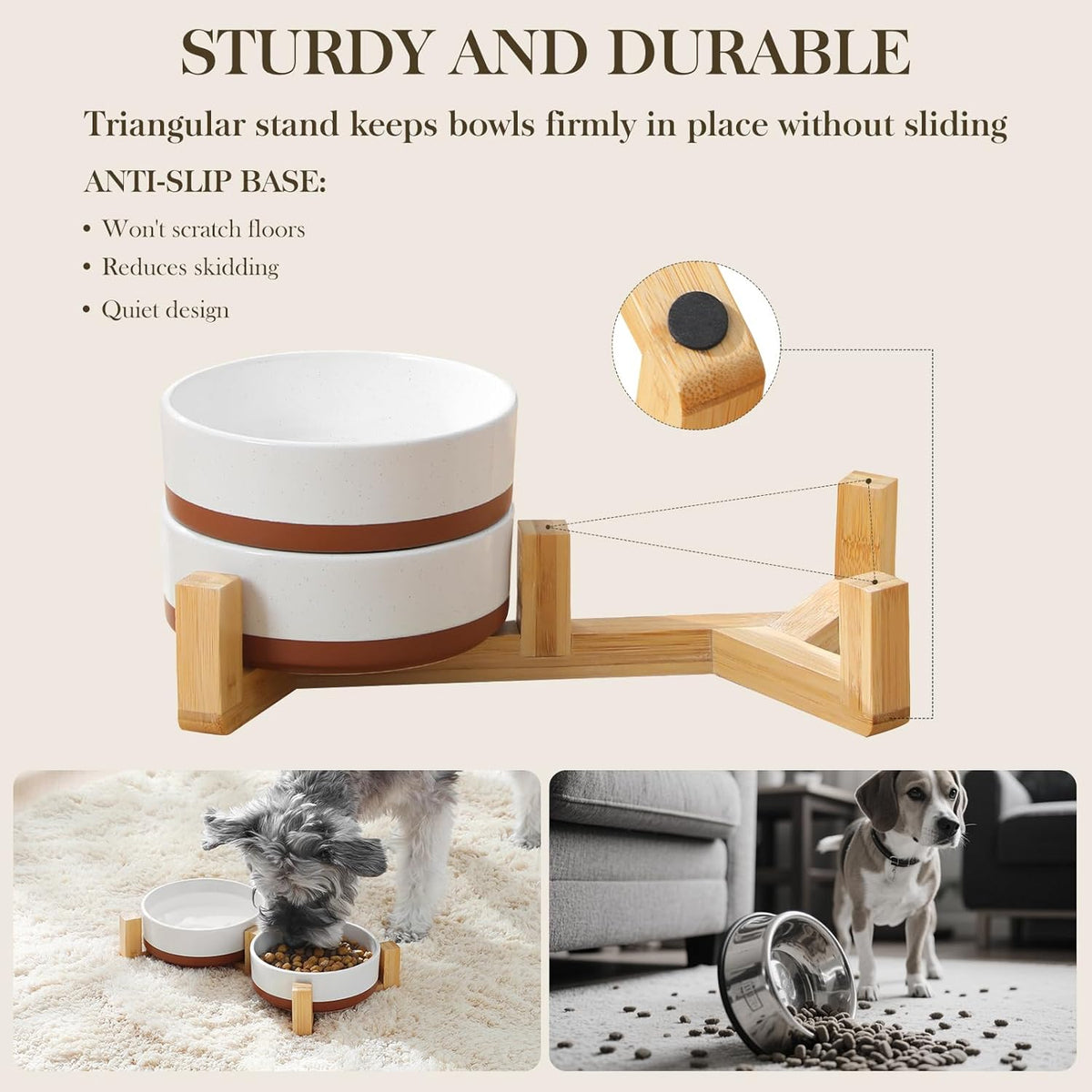 MALACASA Ceramic Dog Bowls, Dog Water/Food Dish with Wood Stand Non-Slip,14oz, Pet Basic Bowls for
