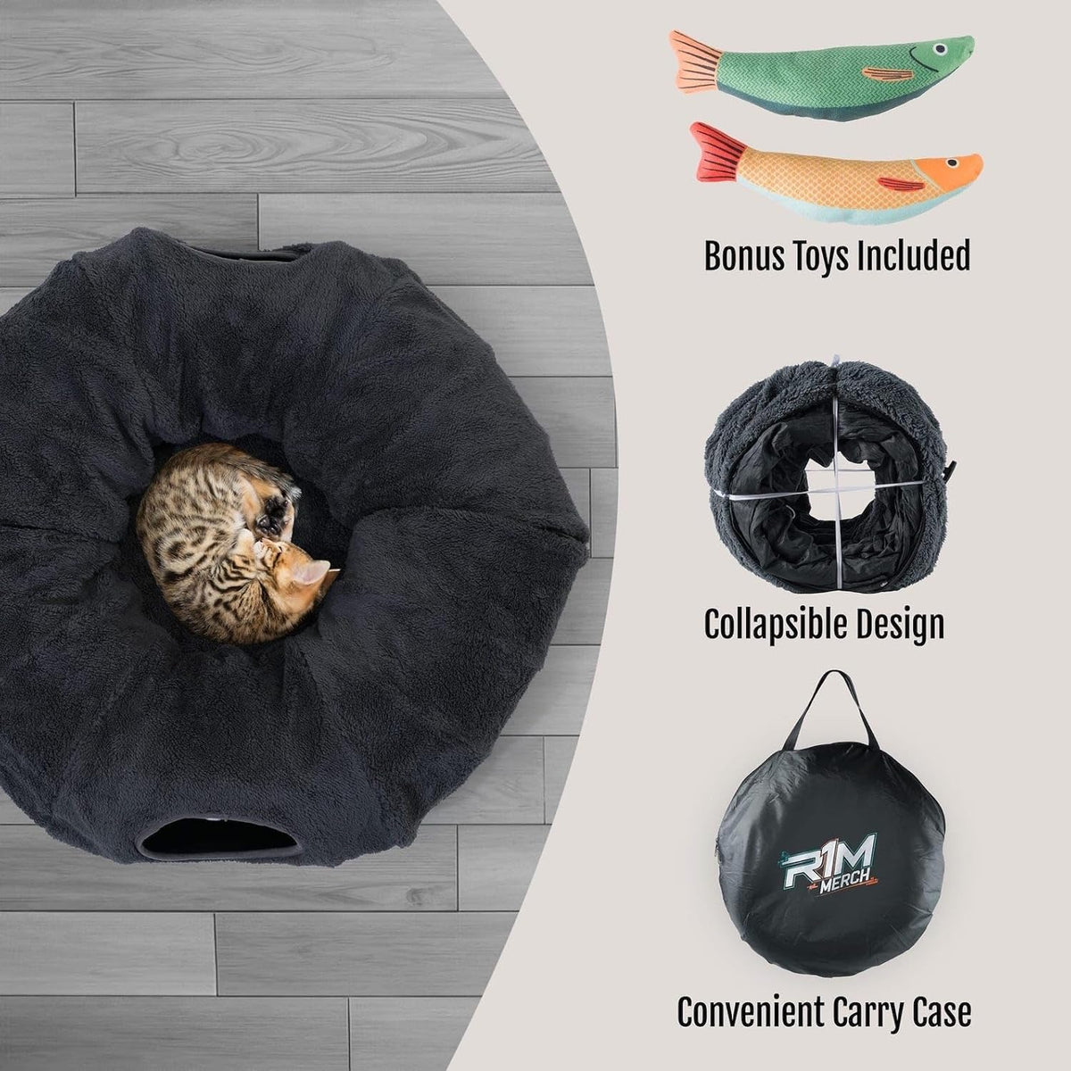 R1M Cat Tunnel Bed for Indoor Cats, Cute Cat Donut Tunnel Toys for Small, Larger Cats with Two Fish