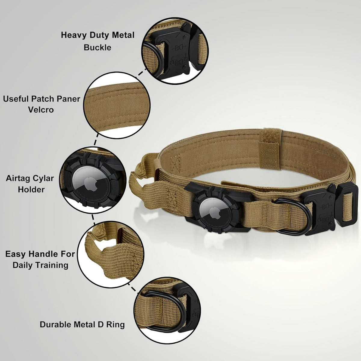 Tactical AirTag Dog Collar Leash Set - Heavy Duty, Adjustable GPS Collar Compatible with Apple
