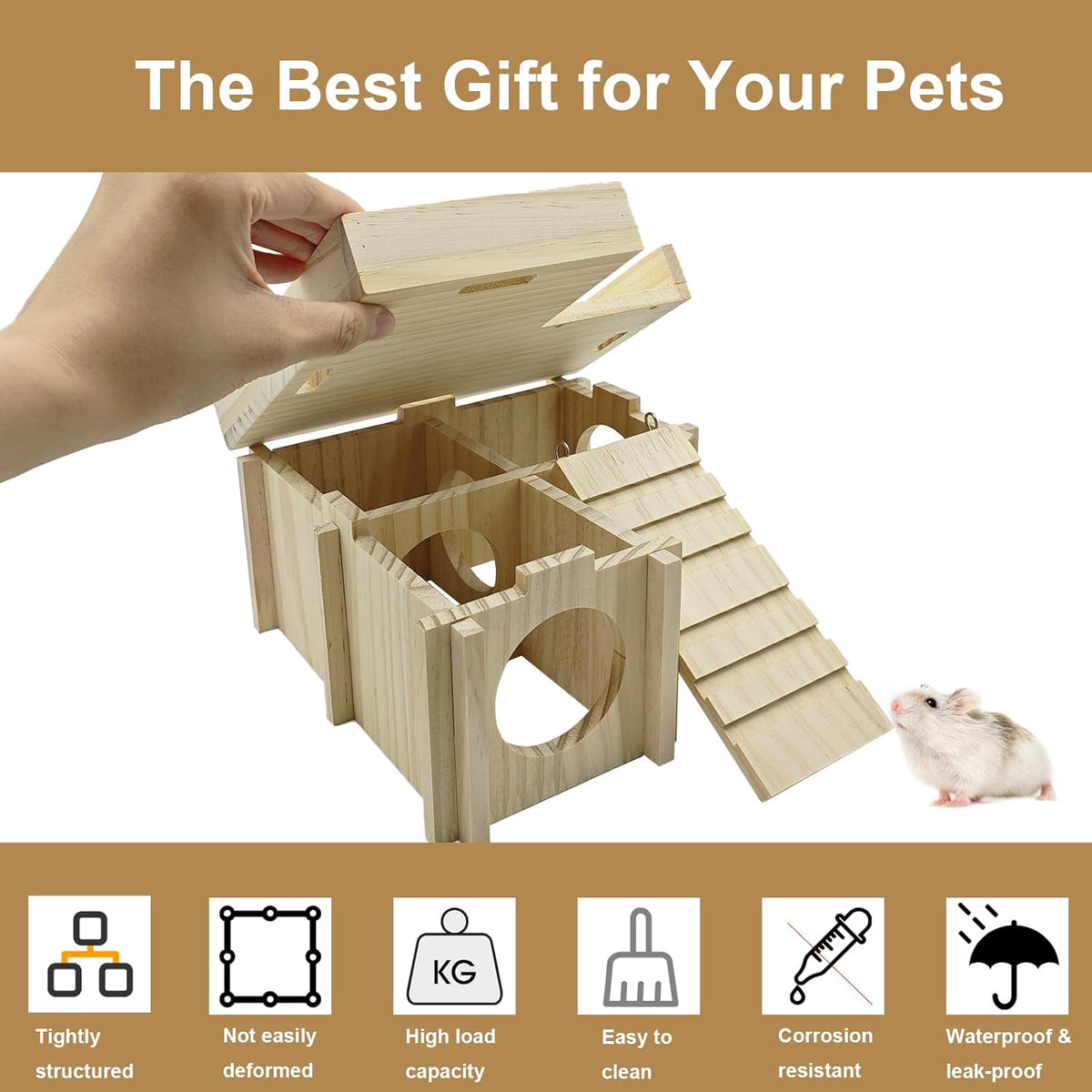 Wooden Hamster Hideout Hamster Wood House with Ladder Hides Platform Decor Detachable Small Animals