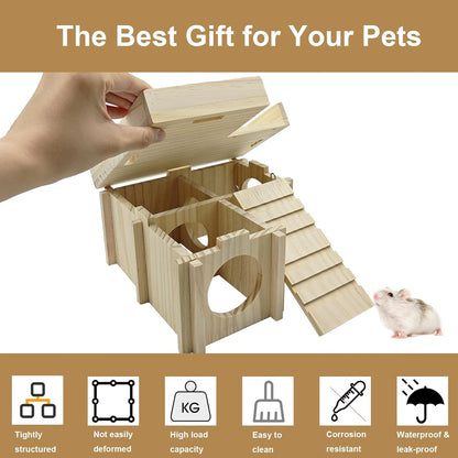Wooden Hamster Hideout Hamster Wood House with Ladder Hides Platform Decor Detachable Small Animals