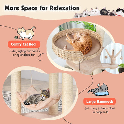 PETSITE Woven Cat Tree, Modern Cat Tower with Hammock & Scratching Posts, Cattail Condo & Top