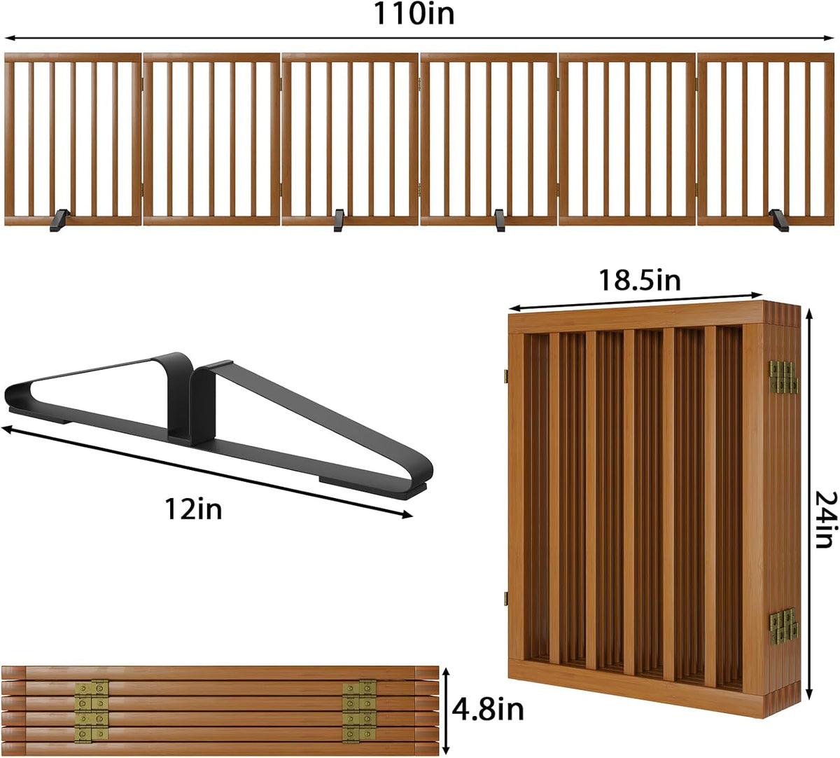 Freestanding Pet Gate Foldable Dog Gate (110 inches Wide) Walnut Bamboo Dog Gates for Stair