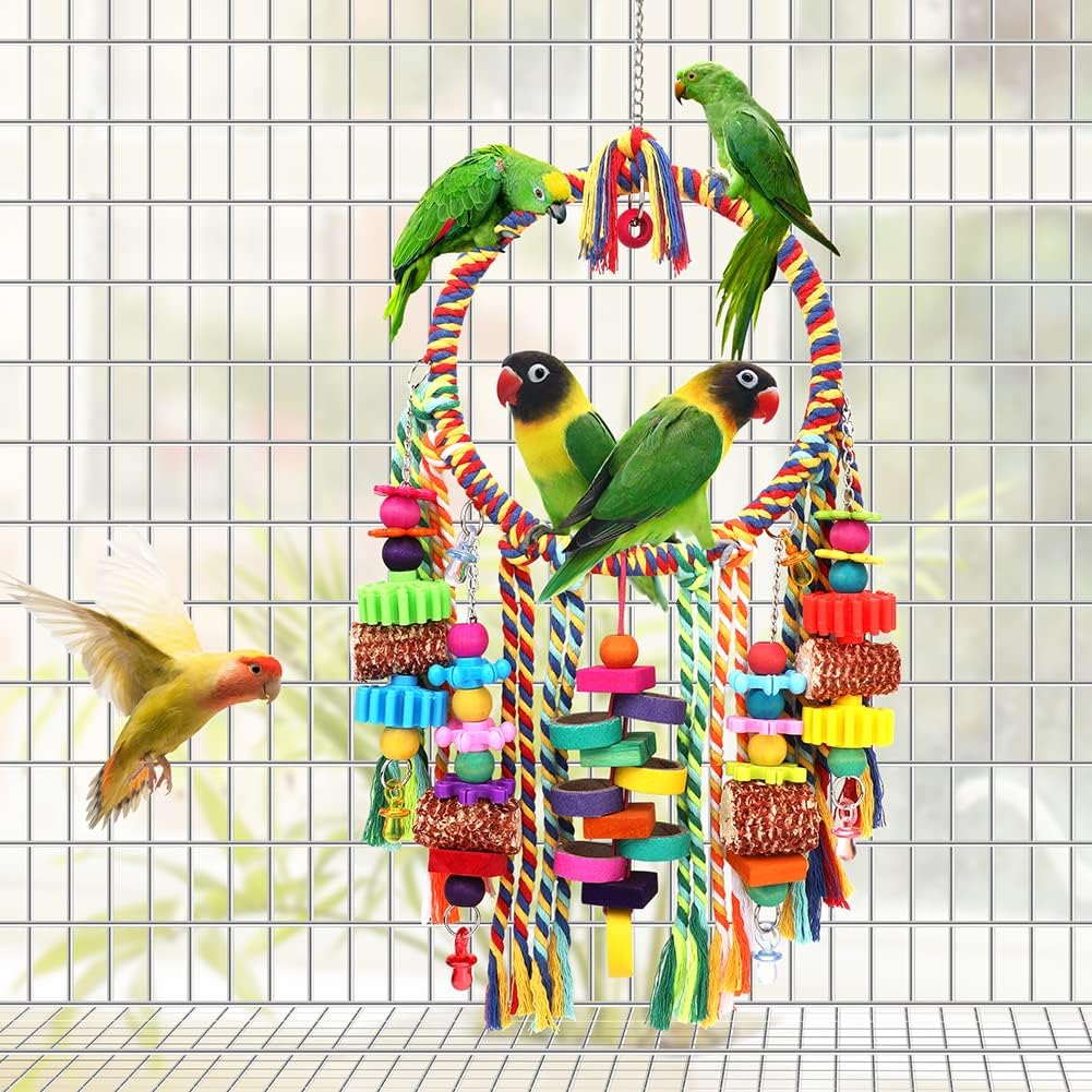 Bird Toys Bird Rope Ring Swing Perch with Corn Cob Cardboard Bagels Wooden Blocks Chewing Toys for