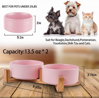 Petygooing Ceramic Cat Dog Bowl Set with Stand,Pink Pet Food and Water Dish,Small Dog Bowls Anti