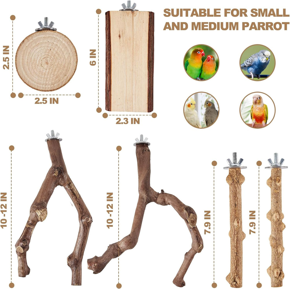 6-Piece Bird Perch Set - Natural Wood Grape Sticks, Paw Grinding Forks, Bird Stand & Toys for