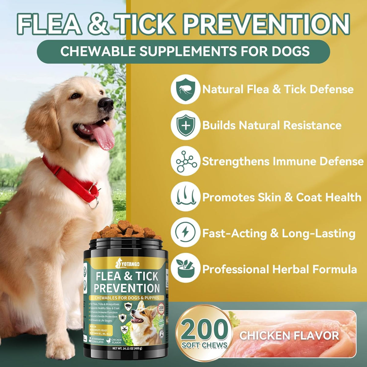 YOTANGO Flea and Tick Prevention for Dogs Chewable, 200 Soft Treats Natural Dog Flea and Tick