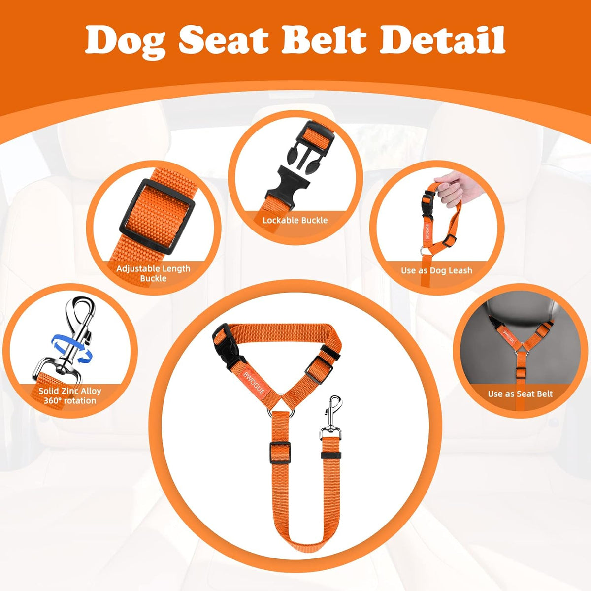 BWOGUE Pet Dog Cat Seat Belts, Car Headrest Restraint Adjustable Safety Leads Vehicle Seatbelt