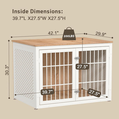 42" Heavy Duty Dog Crate Furniture for Large Dogs, Metal Kennel for High Anxiety Dogs, White Wooden