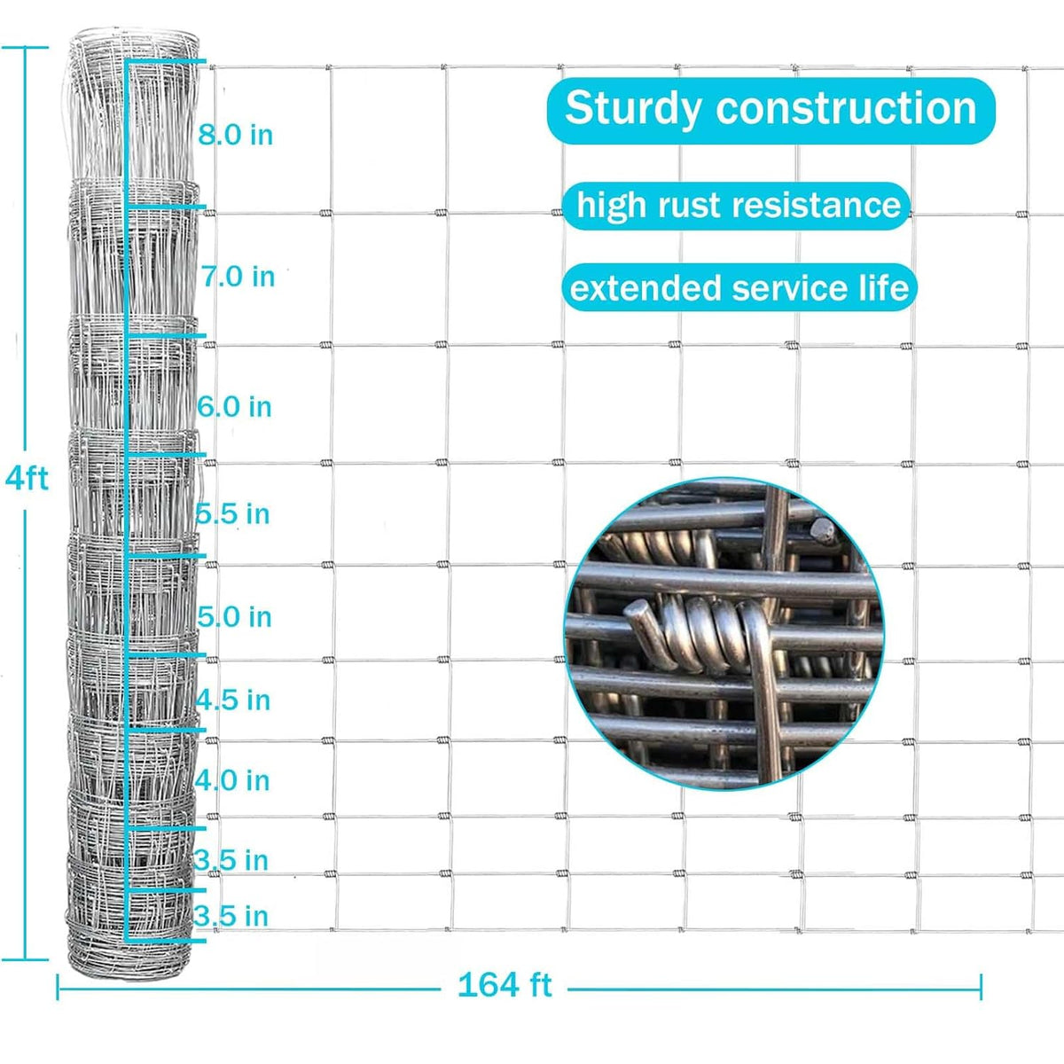 Farm Fence, 4ft x 164ft Galvanized Wire Fencing, Cattle Fence, Deer Fence, Heavy Zinc Coating Farm