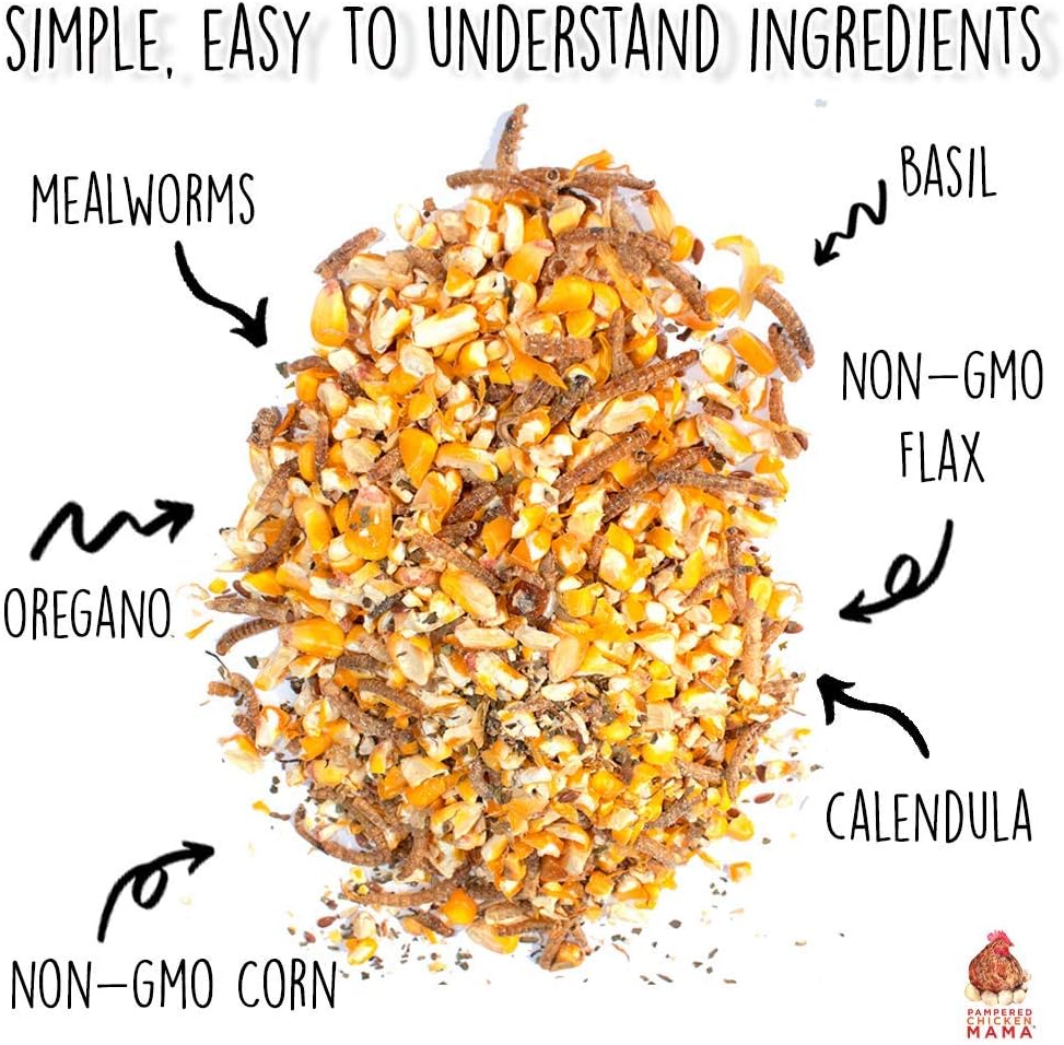 Pampered Chicken Mama Non-GMO Mealworm, Corn, Flax, & Herb Treat for Backyard Chickens, Healthy