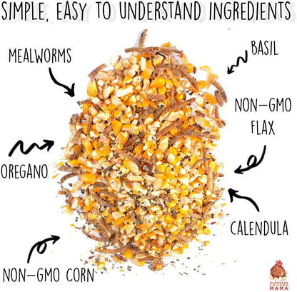 Pampered Chicken Mama Non-GMO Mealworm, Corn, Flax, & Herb Treat for Backyard Chickens, Healthy