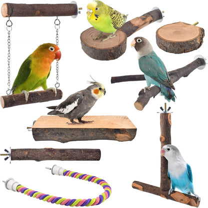 Bird Perches, 8pcs Natural Wood Parrot Perch Stand Chewing Toys Cage Accessories Hanging