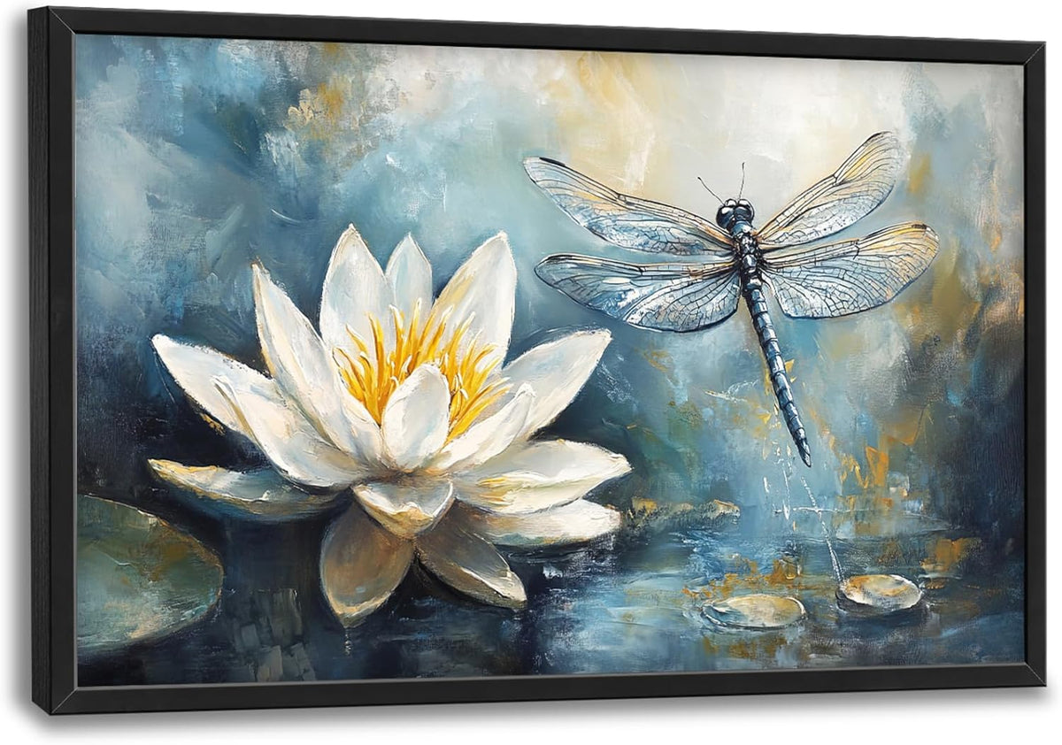 Extra Large Lotus Dragonfly Framed Wall Art for Living Room,Abstract Blue Lotus Flower Lake