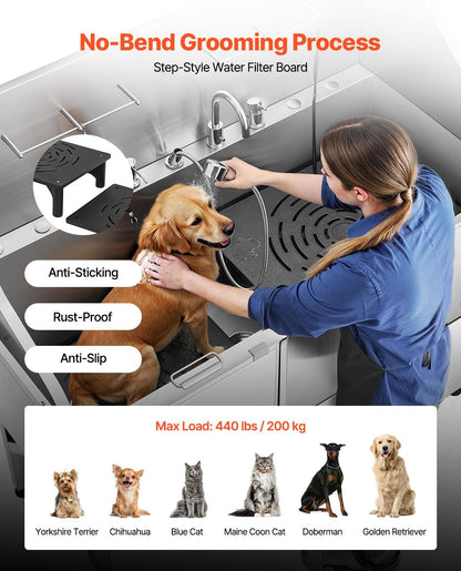 VEVOR Professional 304 Stainless Steel Dog Bathing Station, 61 inch Pet Grooming Tub w/Anti-Slip